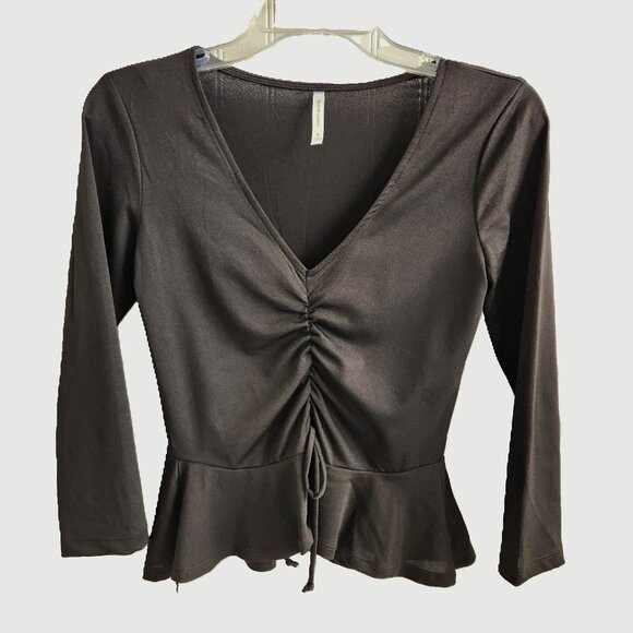 d.n.a couture Black Long Sleeve Front scrunch  & Ruffle Hem Blouse Small - Picture 1 of 6